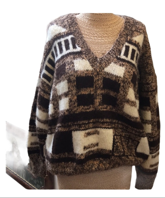 Large Wool Hand knit Vintage sweater slouchy NICE geometric print Hand k…