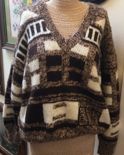 Large Wool Hand knit Vintage sweater slouchy NICE geometric print Hand k…