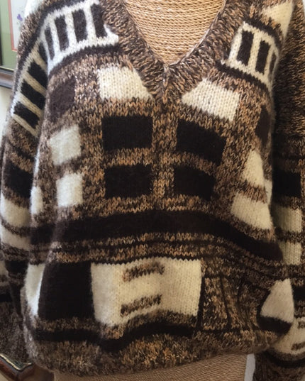 Large Wool Hand knit Vintage sweater slouchy NICE geometric print Hand k…