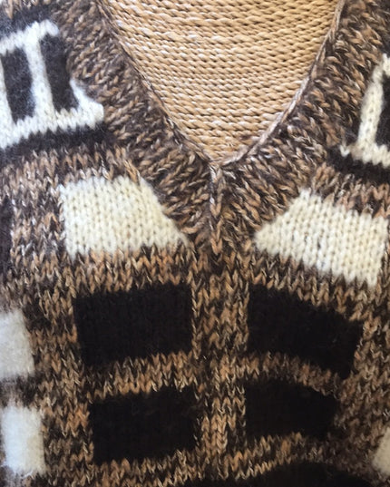 Large Wool Hand knit Vintage sweater slouchy NICE geometric print Hand k…
