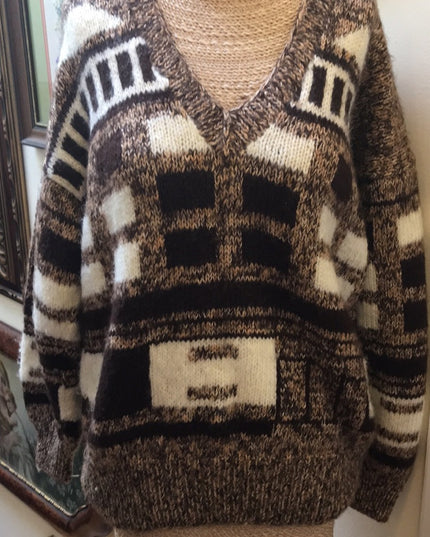 Large Wool Hand knit Vintage sweater slouchy NICE geometric print Hand k…