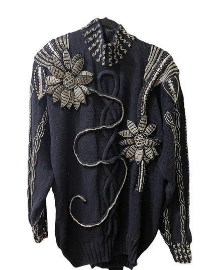- Bonnie Boerer Vintage 1980s Black silver bead flower ornate design sweter