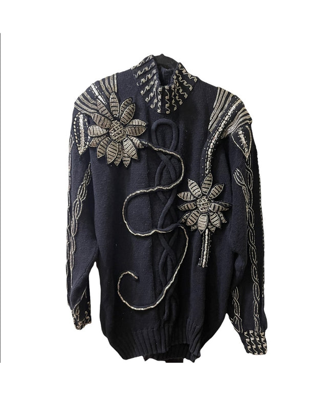 - Bonnie Boerer Vintage 1980s Black silver bead flower ornate design sweter