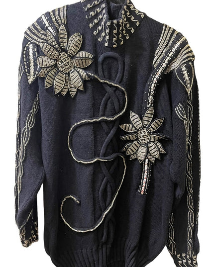 - Bonnie Boerer Vintage 1980s Black silver bead flower ornate design sweter