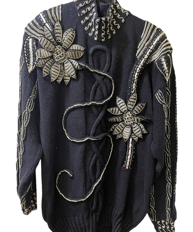 - Bonnie Boerer Vintage 1980s Black silver bead flower ornate design sweter