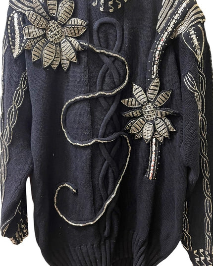 - Bonnie Boerer Vintage 1980s Black silver bead flower ornate design sweter