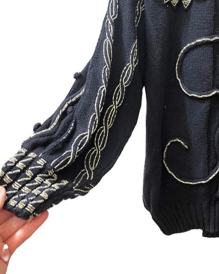 - Bonnie Boerer Vintage 1980s Black silver bead flower ornate design sweter