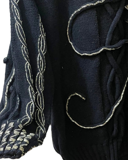 - Bonnie Boerer Vintage 1980s Black silver bead flower ornate design sweter
