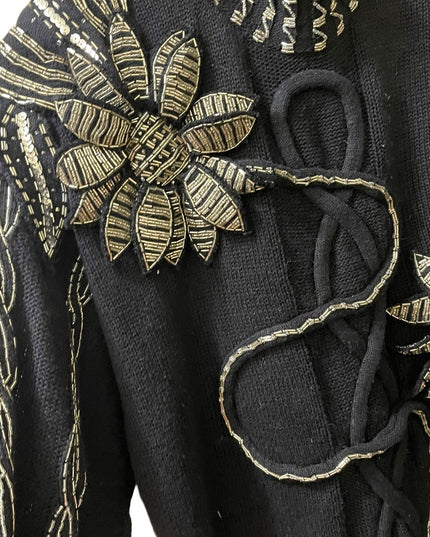 - Bonnie Boerer Vintage 1980s Black silver bead flower ornate design sweter