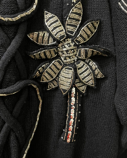 - Bonnie Boerer Vintage 1980s Black silver bead flower ornate design sweter