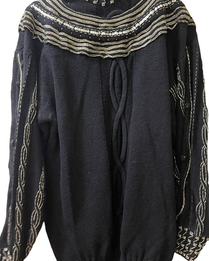 - Bonnie Boerer Vintage 1980s Black silver bead flower ornate design sweter