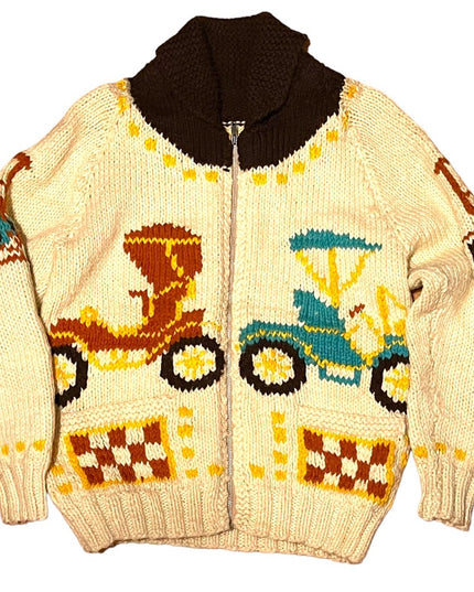 Vintage Handmade Knitted Antique Car Intarsia sweater Cardigan White zip…
