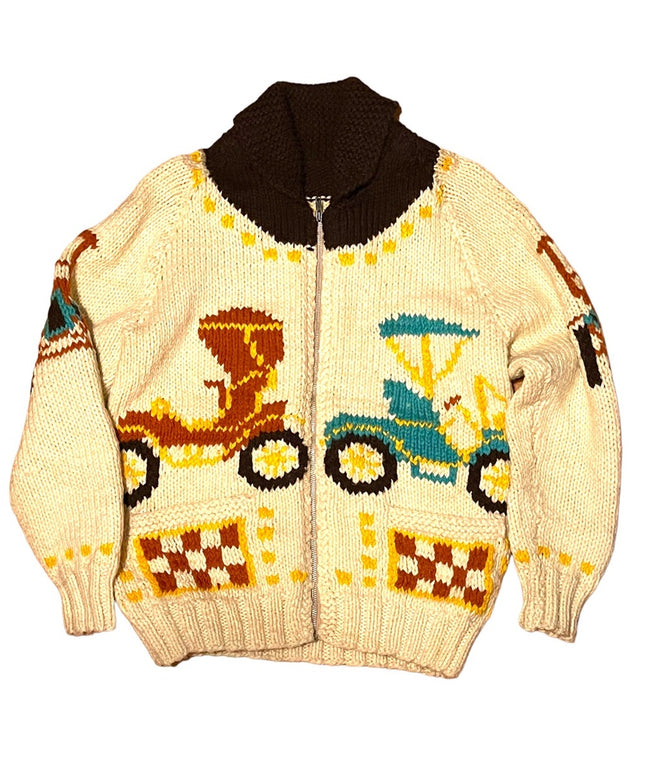 Vintage Handmade Knitted Antique Car Intarsia sweater Cardigan White zip…