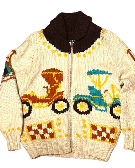 Vintage Handmade Knitted Antique Car Intarsia sweater Cardigan White zip…