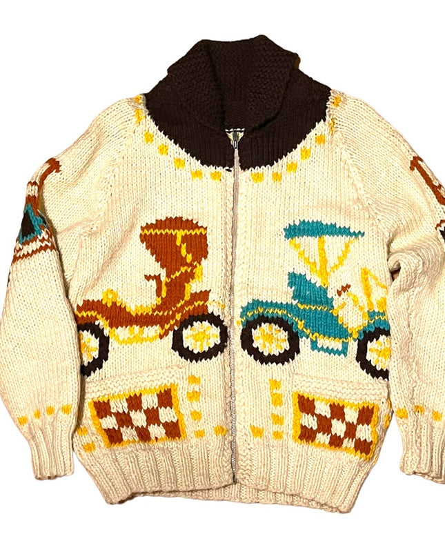 Vintage Handmade Knitted Antique Car Intarsia sweater Cardigan White zip…