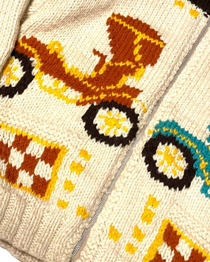 Vintage Handmade Knitted Antique Car Intarsia sweater Cardigan White zip…