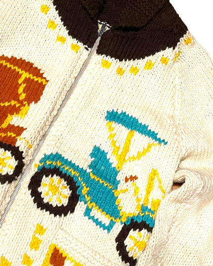 Vintage Handmade Knitted Antique Car Intarsia sweater Cardigan White zip…