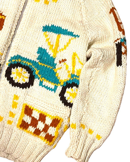 Vintage Handmade Knitted Antique Car Intarsia sweater Cardigan White zip…