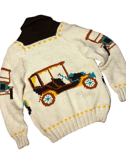 Vintage Handmade Knitted Antique Car Intarsia sweater Cardigan White zip…