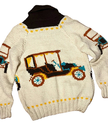 Vintage Handmade Knitted Antique Car Intarsia sweater Cardigan White zip…