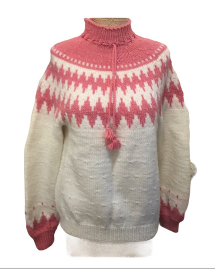 Vintage Hand knit ladies Sweater pink white acrylic ski
