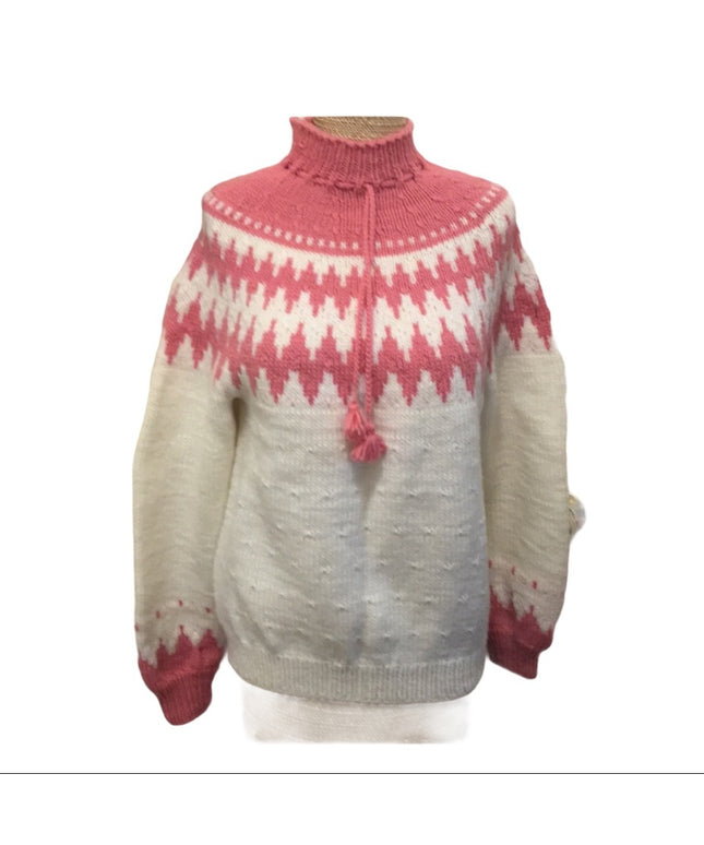Vintage Hand knit ladies Sweater pink white acrylic ski