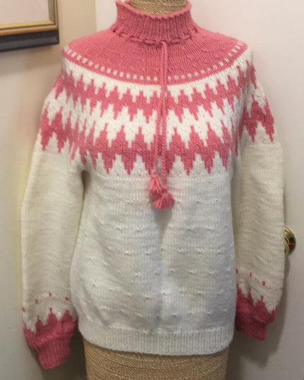 Vintage Hand knit ladies Sweater pink white acrylic ski