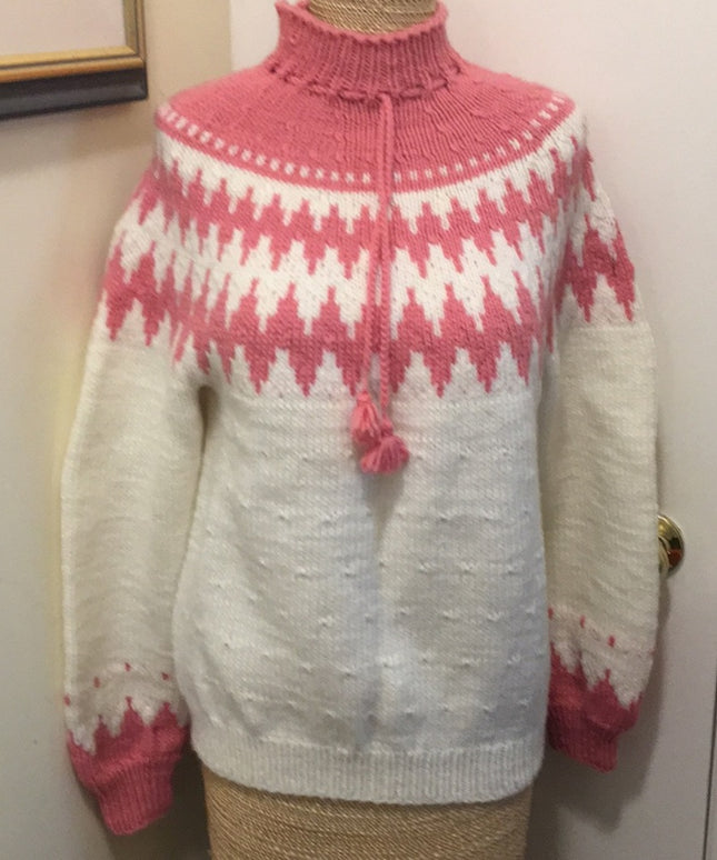Vintage Hand knit ladies Sweater pink white acrylic ski