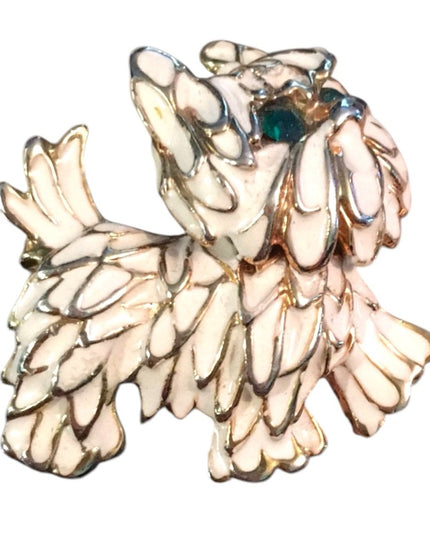 Beautiful vintage white enamel fancy dog brooch crystal