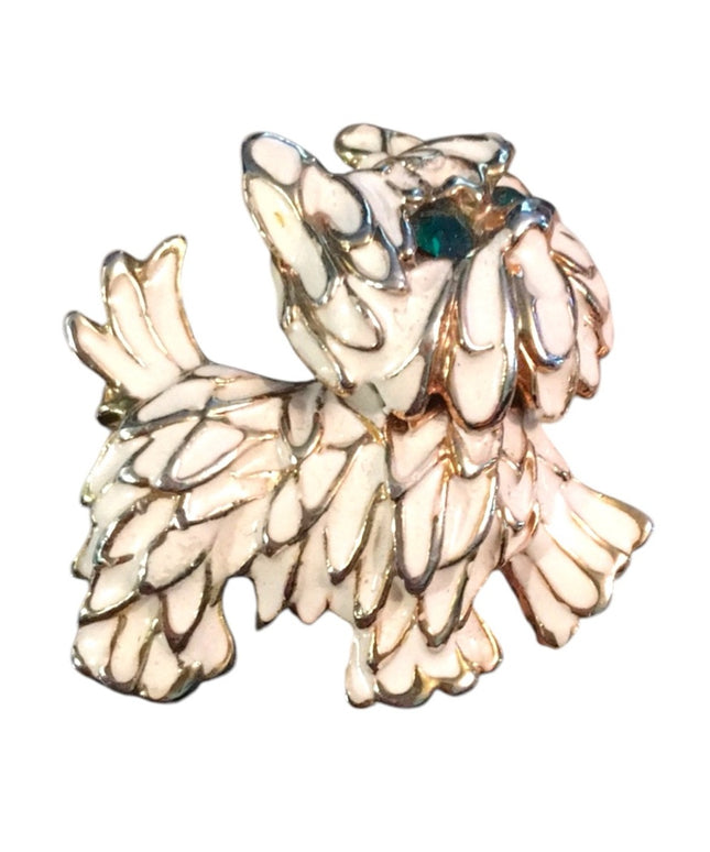 Beautiful vintage white enamel fancy dog brooch crystal