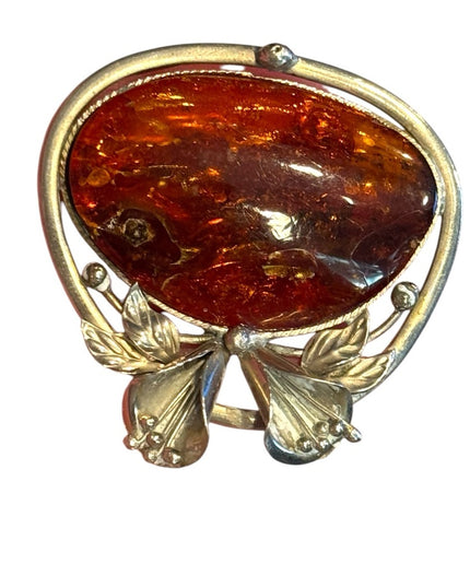 Vintage silver Hand made  Amber Brooch with Silver Floral Design Southwestern
