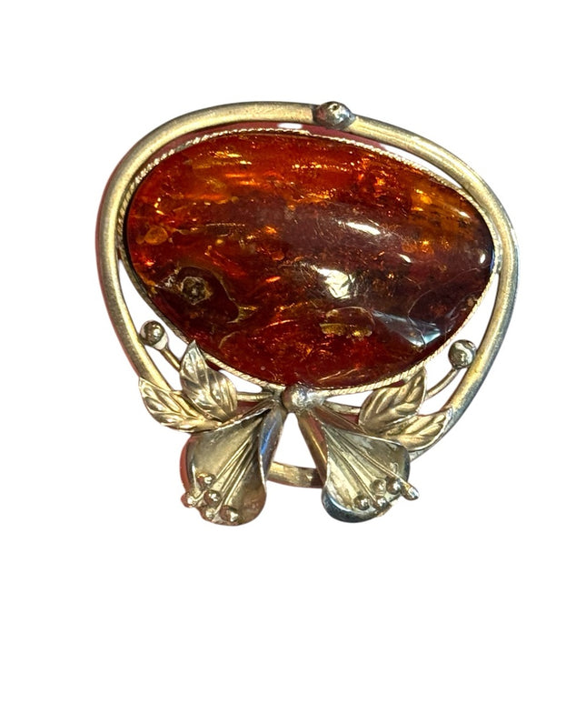 Vintage silver Hand made  Amber Brooch with Silver Floral Design Southwestern