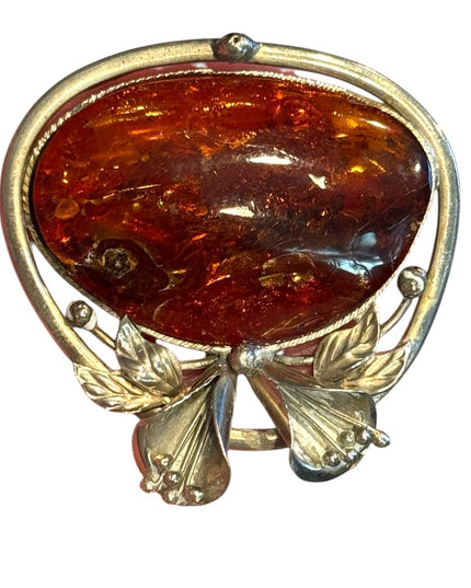 Vintage silver Hand made  Amber Brooch with Silver Floral Design Southwestern