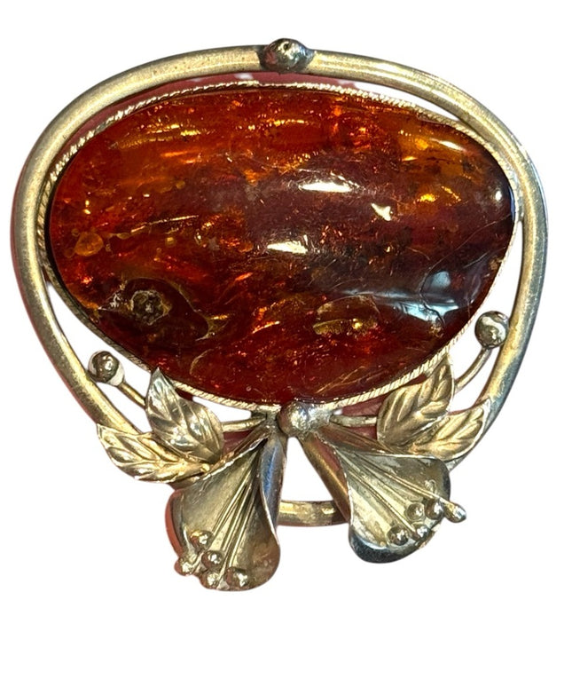 Vintage silver Hand made  Amber Brooch with Silver Floral Design Southwestern