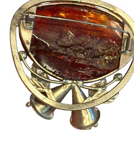 Vintage silver Hand made  Amber Brooch with Silver Floral Design Southwestern
