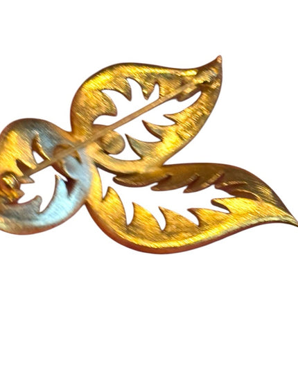Vintage Trifari Gold plt Cream Enameled Leaf Brooch