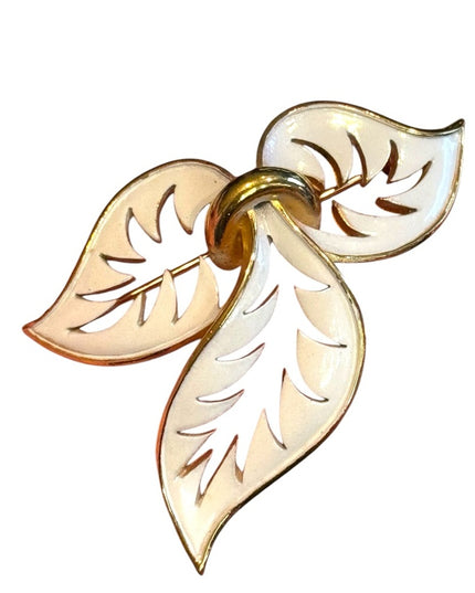 Vintage Trifari Gold plt Cream Enameled Leaf Brooch