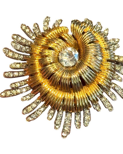 Vintage Spinx Gold  Silver PLT Lg Brooch with Crystal Accent