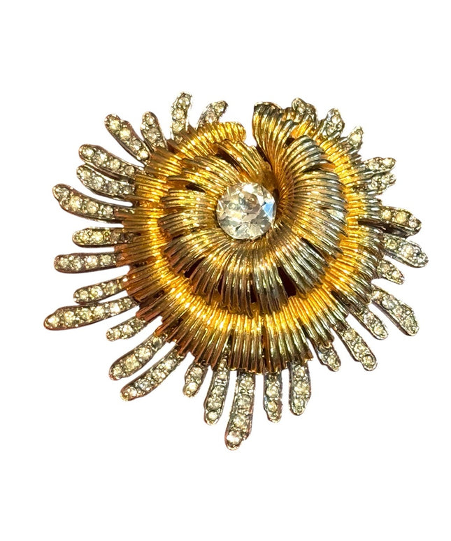 Vintage Spinx Gold  Silver PLT Lg Brooch with Crystal Accent