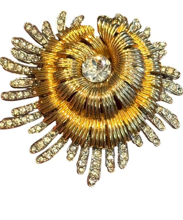 Vintage Spinx Gold  Silver PLT Lg Brooch with Crystal Accent