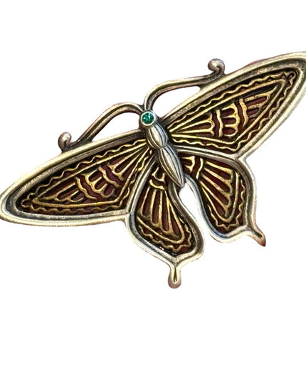 Vintage JJ pewter brassy Egyptian  Butterfly Brooch Golden filagree Accents