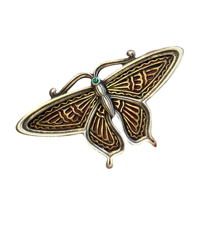Vintage JJ pewter brassy Egyptian  Butterfly Brooch Golden filagree Accents