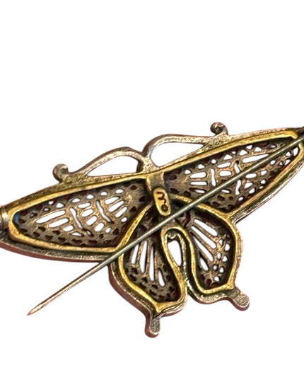 Vintage JJ pewter brassy Egyptian  Butterfly Brooch Golden filagree Accents