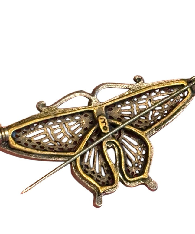 Vintage JJ pewter brassy Egyptian  Butterfly Brooch Golden filagree Accents