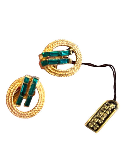 Vintage 1960s Trifari NWT  Gold plt  Green crystal Clip-On Earrings