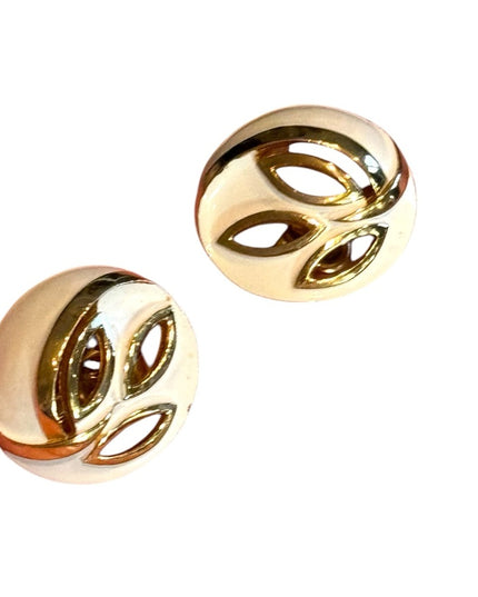 Vintage TRIFARI creamy white enameled fancy Gold plate Clip-On Earrings