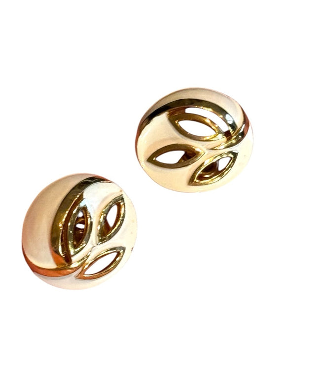 Vintage TRIFARI creamy white enameled fancy Gold plate Clip-On Earrings