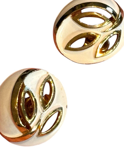 Vintage TRIFARI creamy white enameled fancy Gold plate Clip-On Earrings