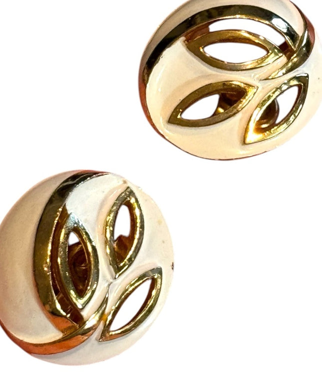 Vintage TRIFARI creamy white enameled fancy Gold plate Clip-On Earrings