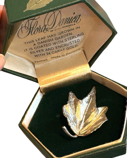 Vintage Boxed Flora Danica Sterling Silver 24k Vermeil Leaf Brooch DENMARK